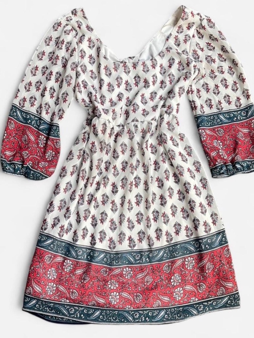 Socialite Swing Boho Cottagecore Patterned Dress 3/4 Sleeve Puff Sleeve Sz S